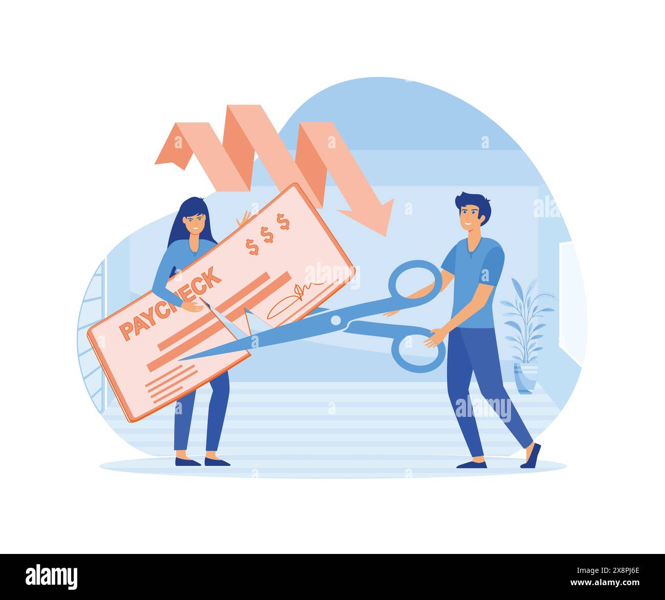 Economy crisis concept. Boss cutting staff employee pay, reducing running costs of a company. flat vector modern illustration Stock Vector