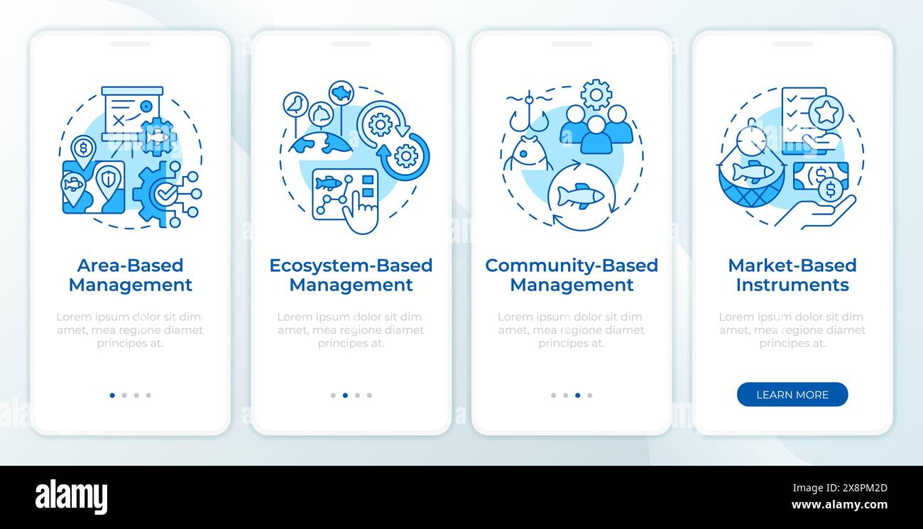 Fisheries strategy types blue onboarding mobile app screen Stock Vector