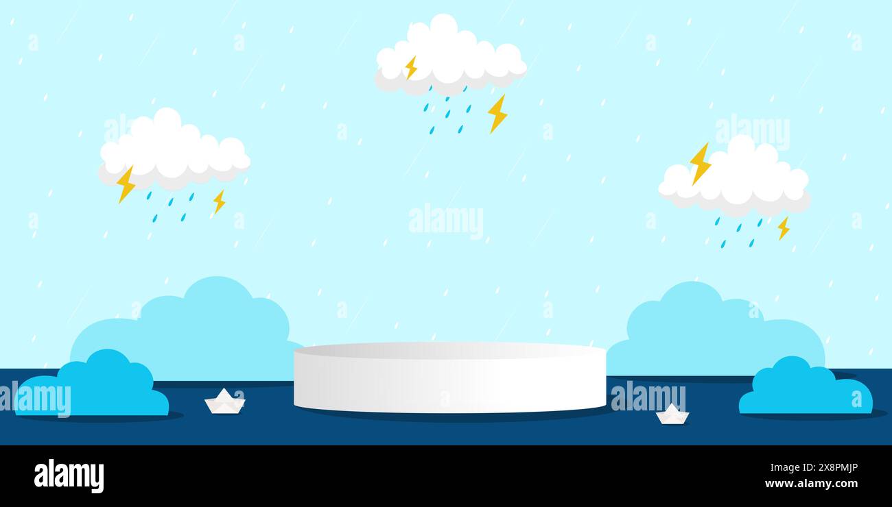 Monsoon sale podium with white fluffy clouds for products display presentation with clouds and raindrops. Vector illustration Stock Vector