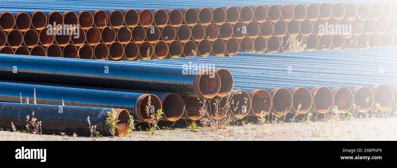 The New spare metal pipe of the gas station on sunlight Stock Photo