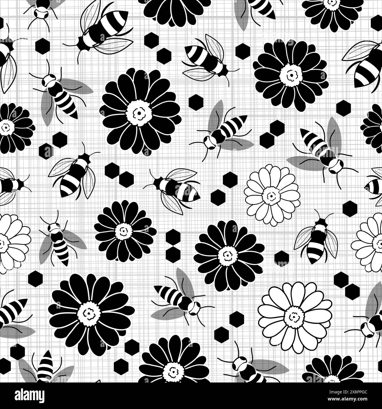 Black and white bee and flower seamless pattern design illustration ...