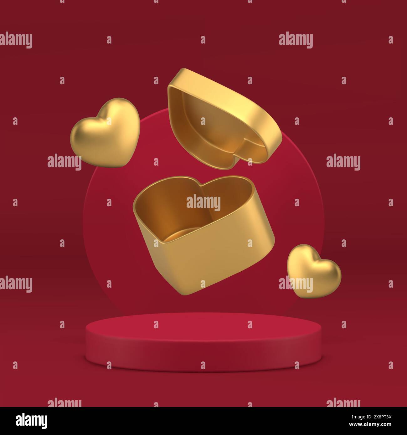 3d red podium pedestal with golden open heart gift box Valentine's Day ...
