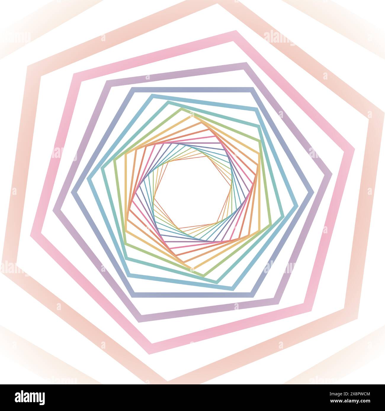 A colorful, geometric pattern spirals towards a central point, creating an optical illusion of depth on a two-dimensional surface. Stock Vector