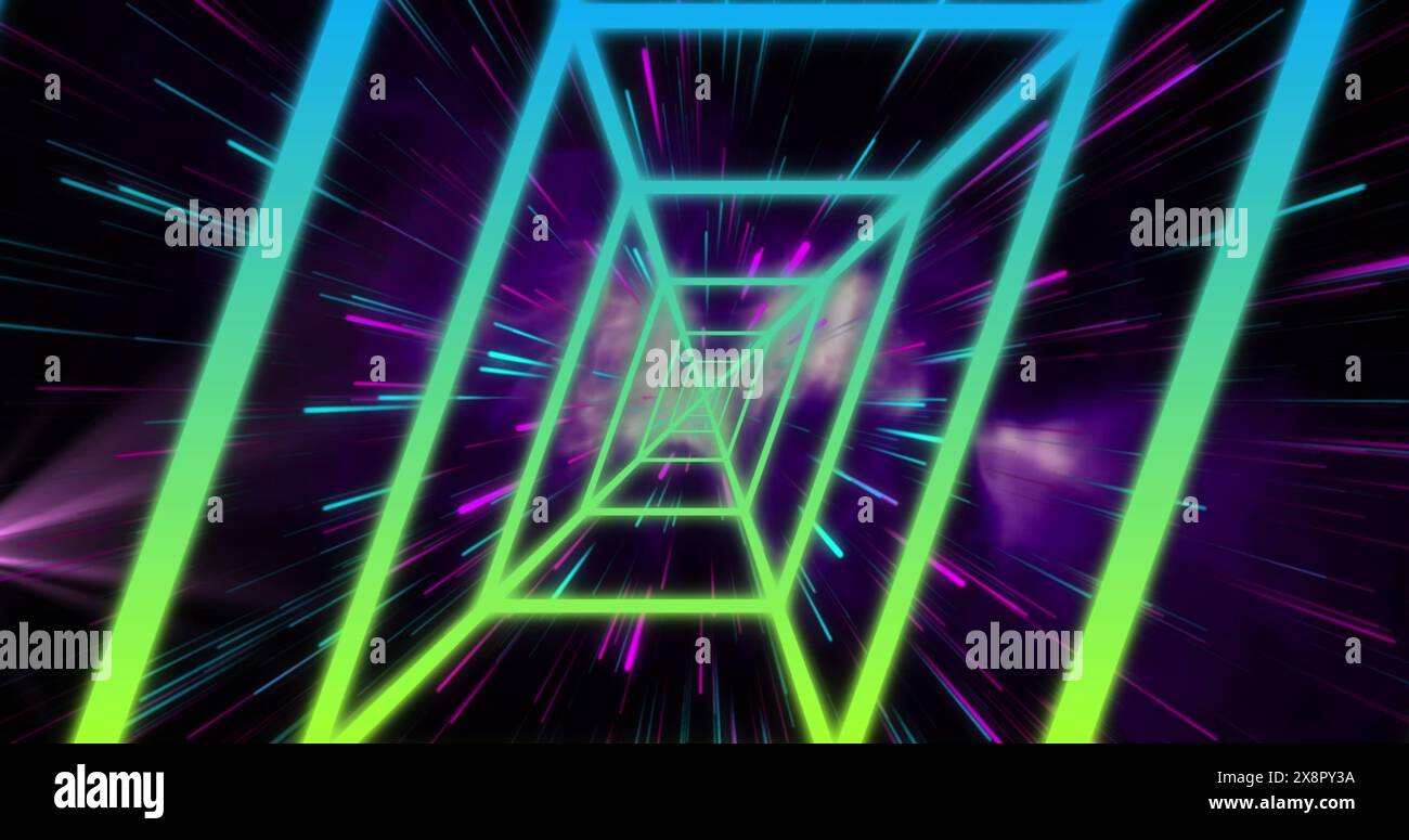 Image of neon pattern over light trails on black background Stock Photo ...
