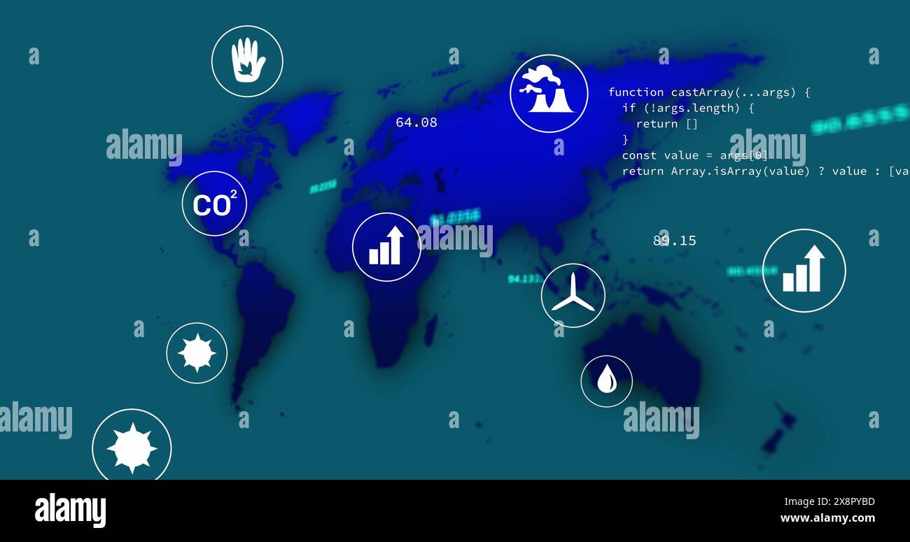 Image of eco icons and data processing and world map over blue ...