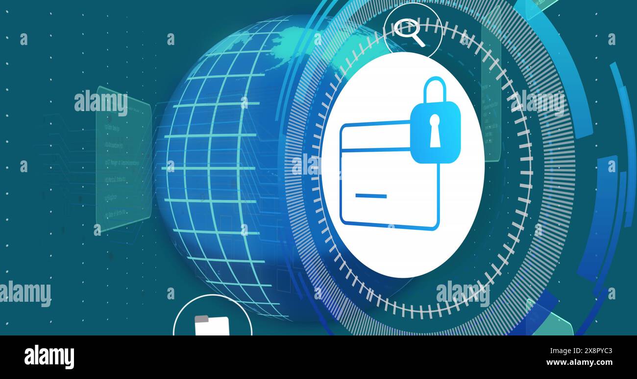 Image of globe, padlock icon and data processing over blue background ...