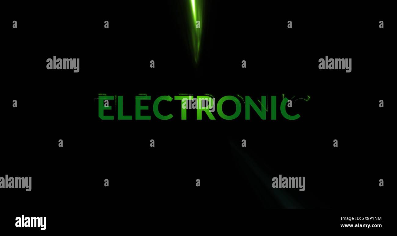 Image of electronic text over neon light trails on black background ...
