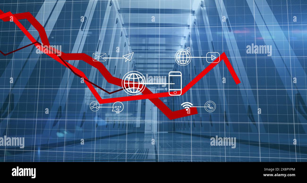 Image of statistical data processing and multiple digital icons against computer server room Stock Photo