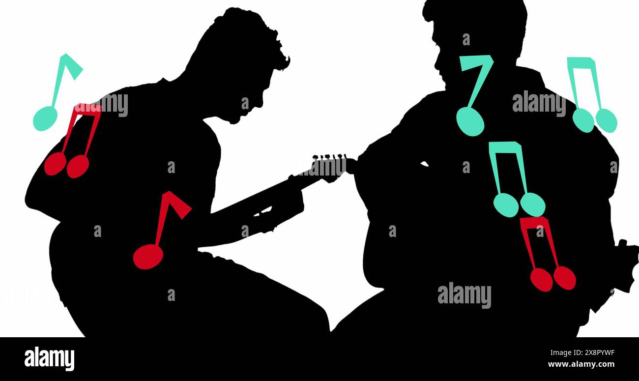 Image of notes moving over silhouette of men playing guitar Stock Photo