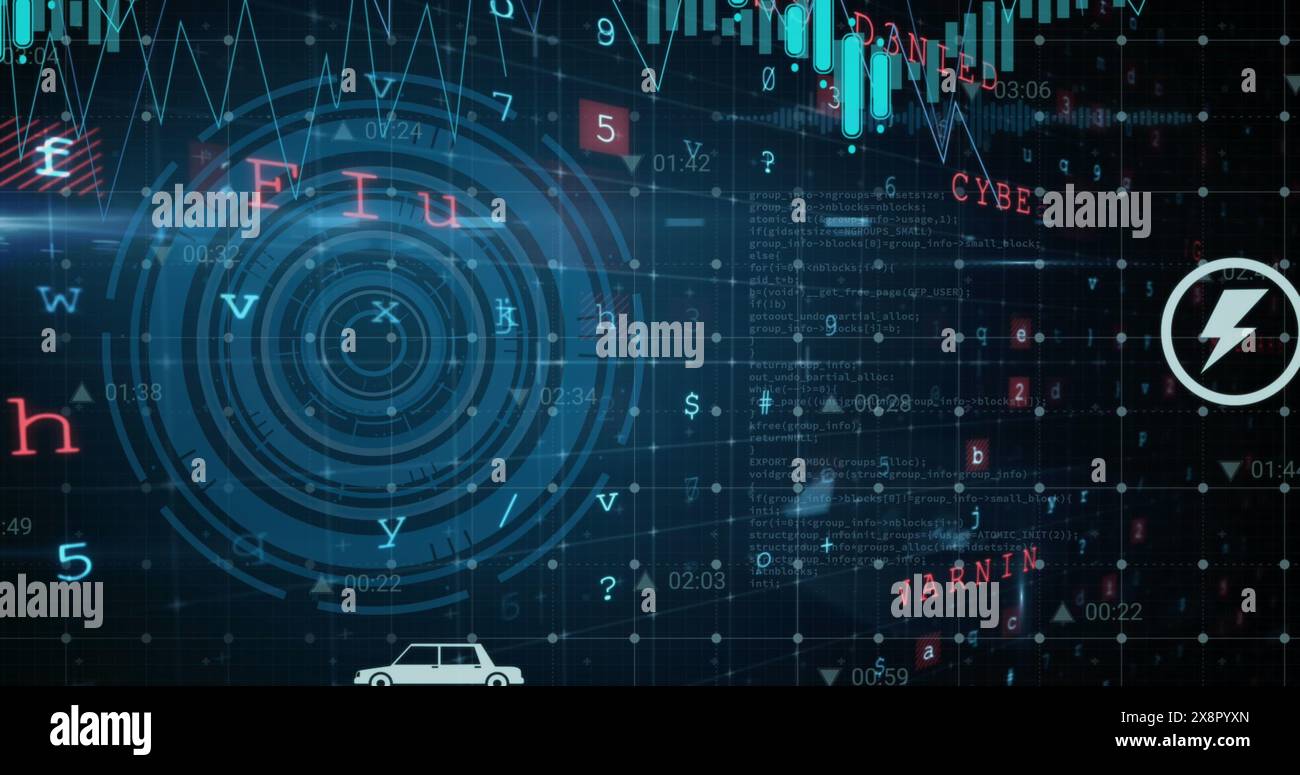 Image of digital icons and round scanner against cyber security data processing Stock Photo