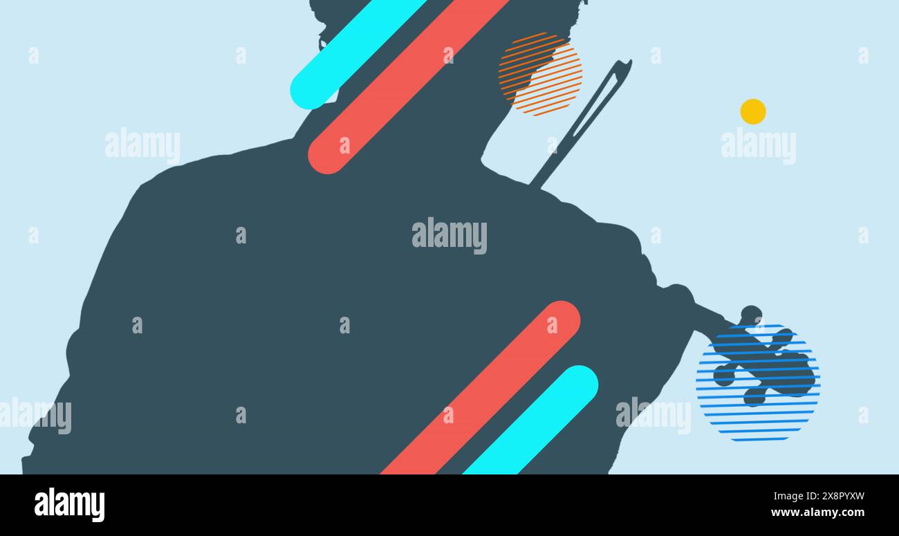Image of colourful shapes over silhouette of man playing violin Stock Photo