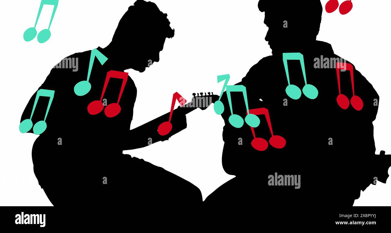 Image of notes moving over silhouette of men playing guitar Stock Photo