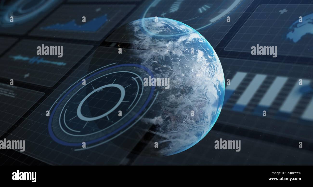 Image of interface with data processing against spinning globe in space Stock Photo