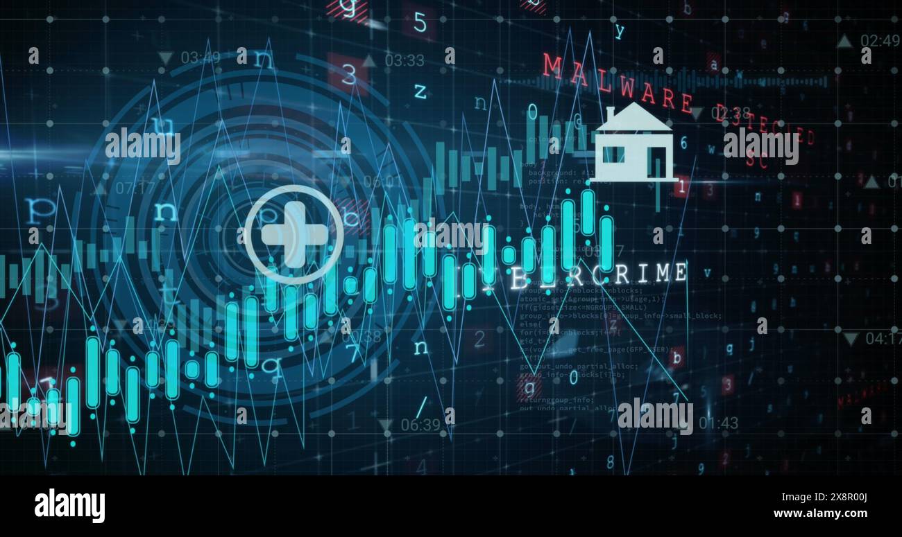 Image of digital icons and round scanner against cyber security data processing Stock Photo