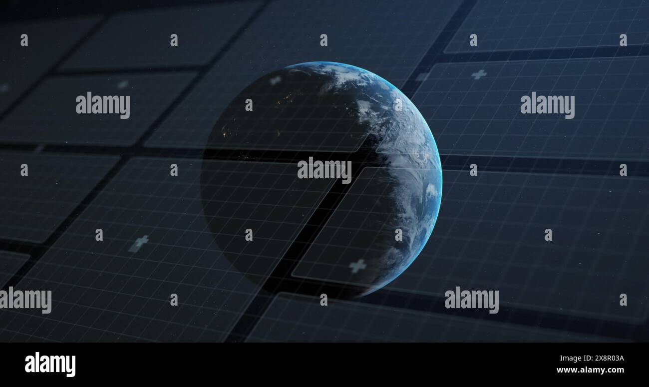 Image of interface with data processing against spinning globe in space Stock Photo