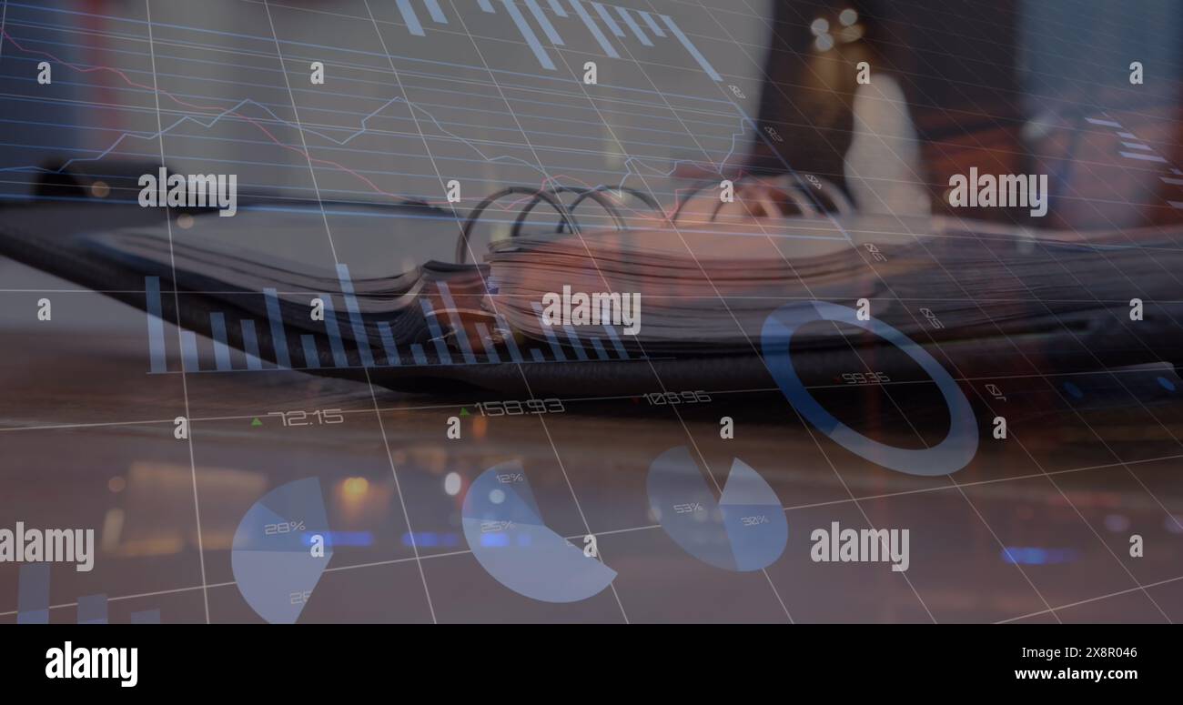 Image of statistical data processing against close up view of a open diary on office table Stock Photo