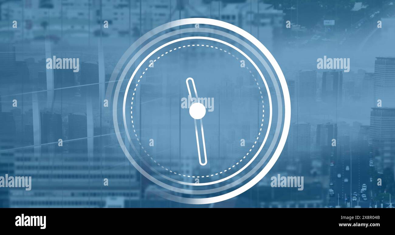 Image of ticking clock icon against view of tall building Stock Photo