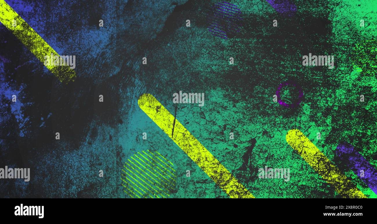Image of black color splash over geometric shapes against blue background Stock Photo