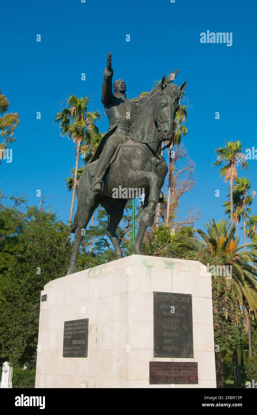 Spain: Equestrian statue of Simon Bolivar (24 July 1783 - 17 December 1830), the Liberator of America, Parque de Maria Luisa, Seville. Sculpted by Emilio Luiz Campos (1917 - 1983), 1981.  Simón José Antonio de la Santísima Trinidad Bolívar Palacios Ponte y Blanco was a Venezuelan military and political leader who led what are currently the countries of Colombia, Venezuela, Ecuador, Peru, Panama, and Bolivia to independence from the Spanish Empire. He is known colloquially as El Libertador, or the Liberator of America. Stock Photo