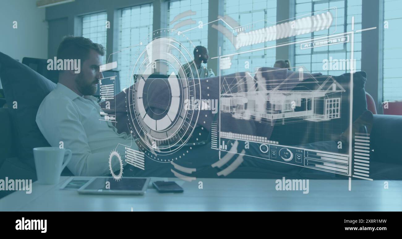 Image of hud screen with radar and 3d house over caucasian businessman ...