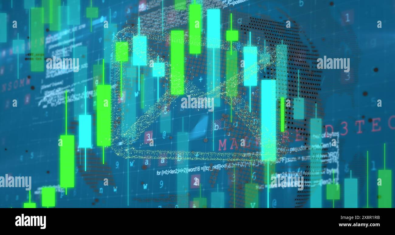 Image of envelope icons, globe and graph over binary codes and computer language Stock Photo