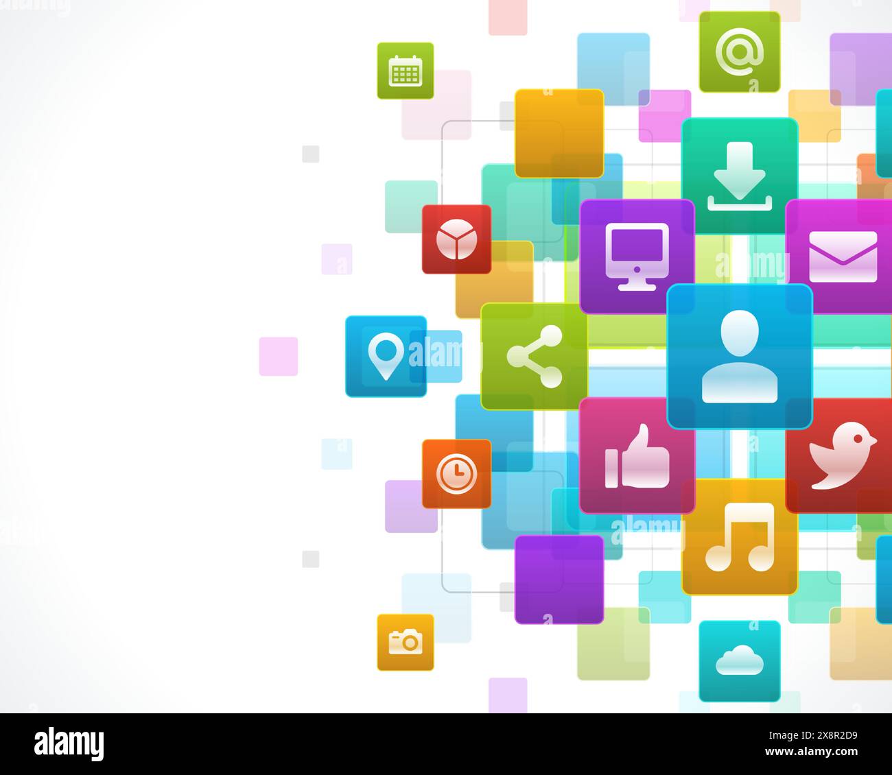 Various social media and communication icons float over a bright ...