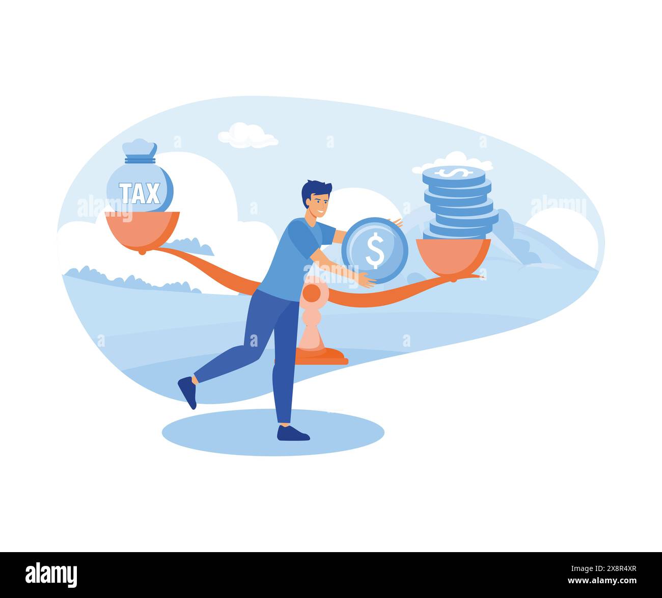 Businessman use coins balancing with TAX on scales. TAX burden. Business concept. flat vector modern illustration Stock Vector