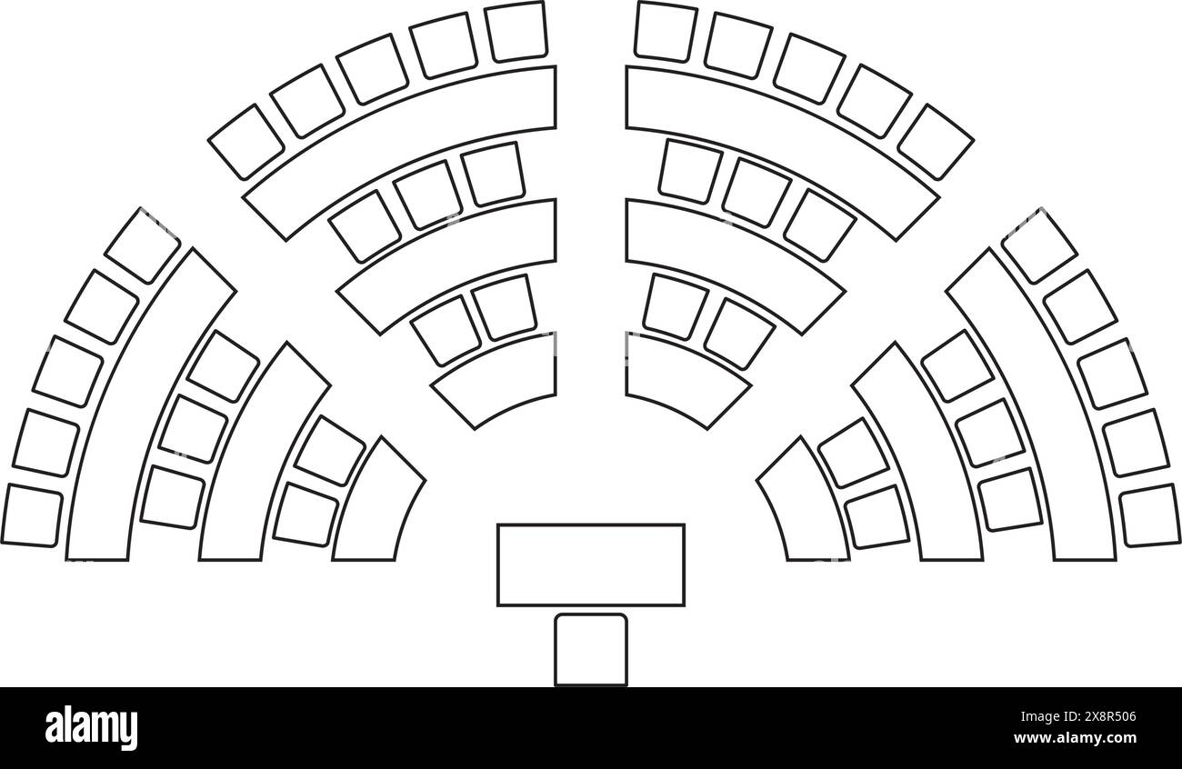 Auditorium seatings plan top view, semicircle arrangment. Schema of seats in classroom, lectorium or meeting, conference, training or seminar event Stock Vector