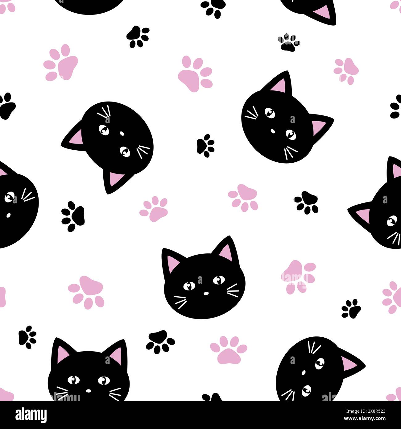 seamless pattern black cat faces and footprints on white background ...