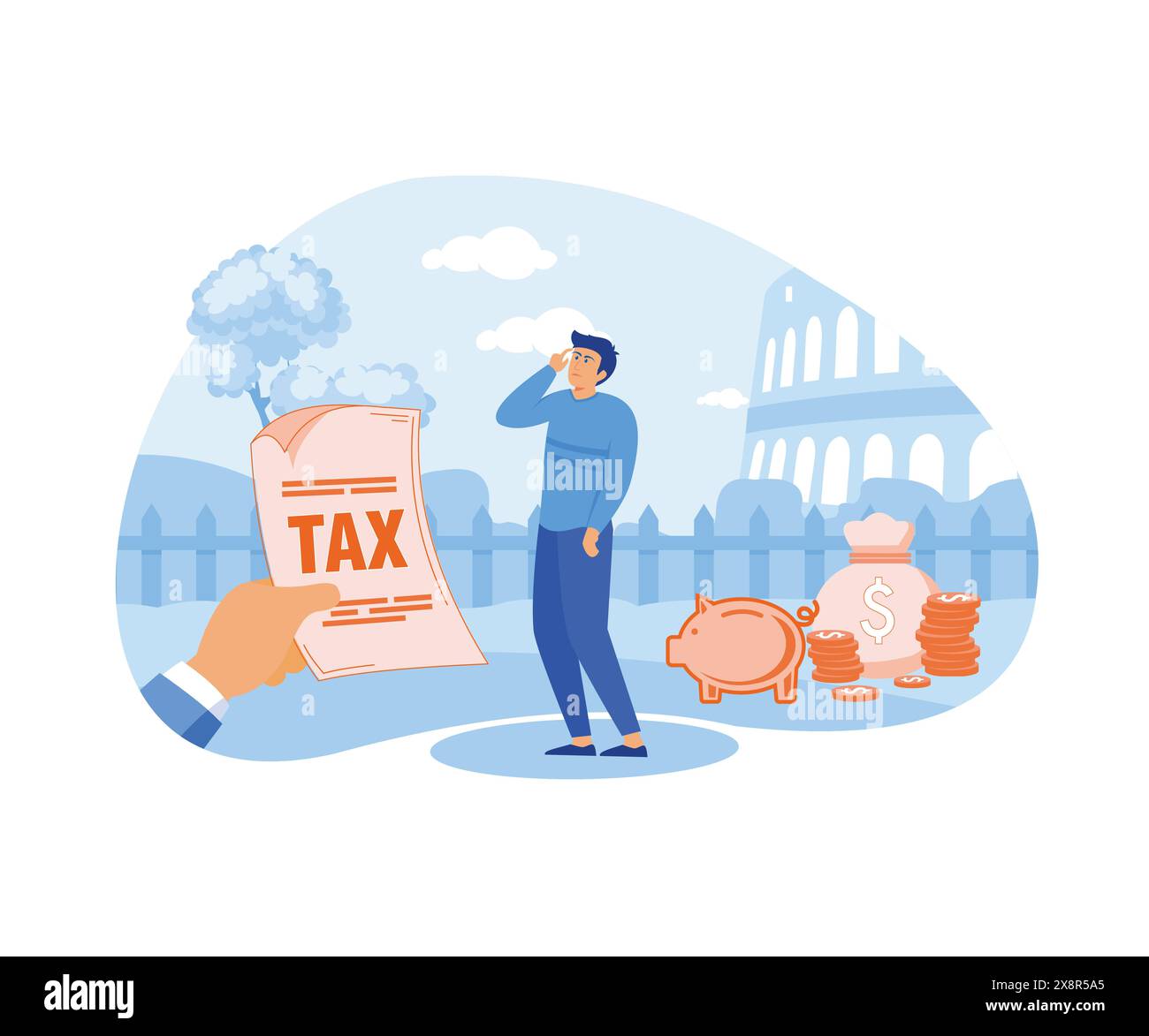 Entrepreneur holding saving piggybank looking at tax bills. Tax burden or debt to pay for income tax, financial charge and duty to pay for government. Stock Vector