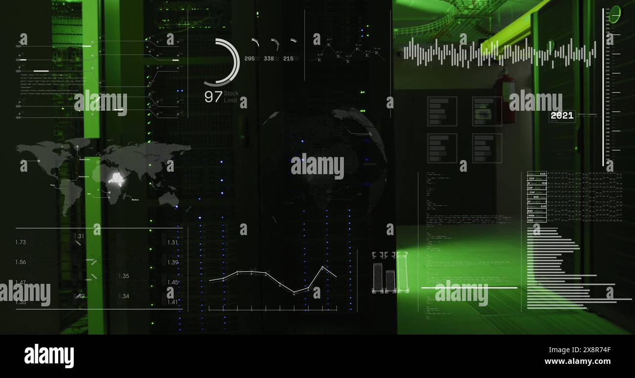 Image of hud screens with programming language, globe, map, graphs and ...