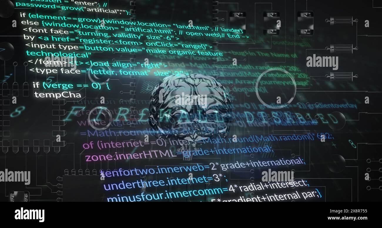 Image of text, digital human brain and computer language over motherboard in background Stock Photo