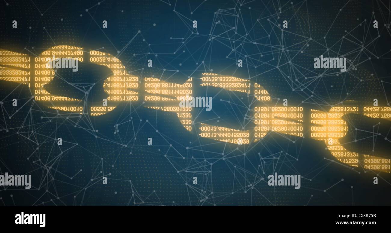 Image of binary codes forming chain and connected dots moving on abstract background Stock Photo