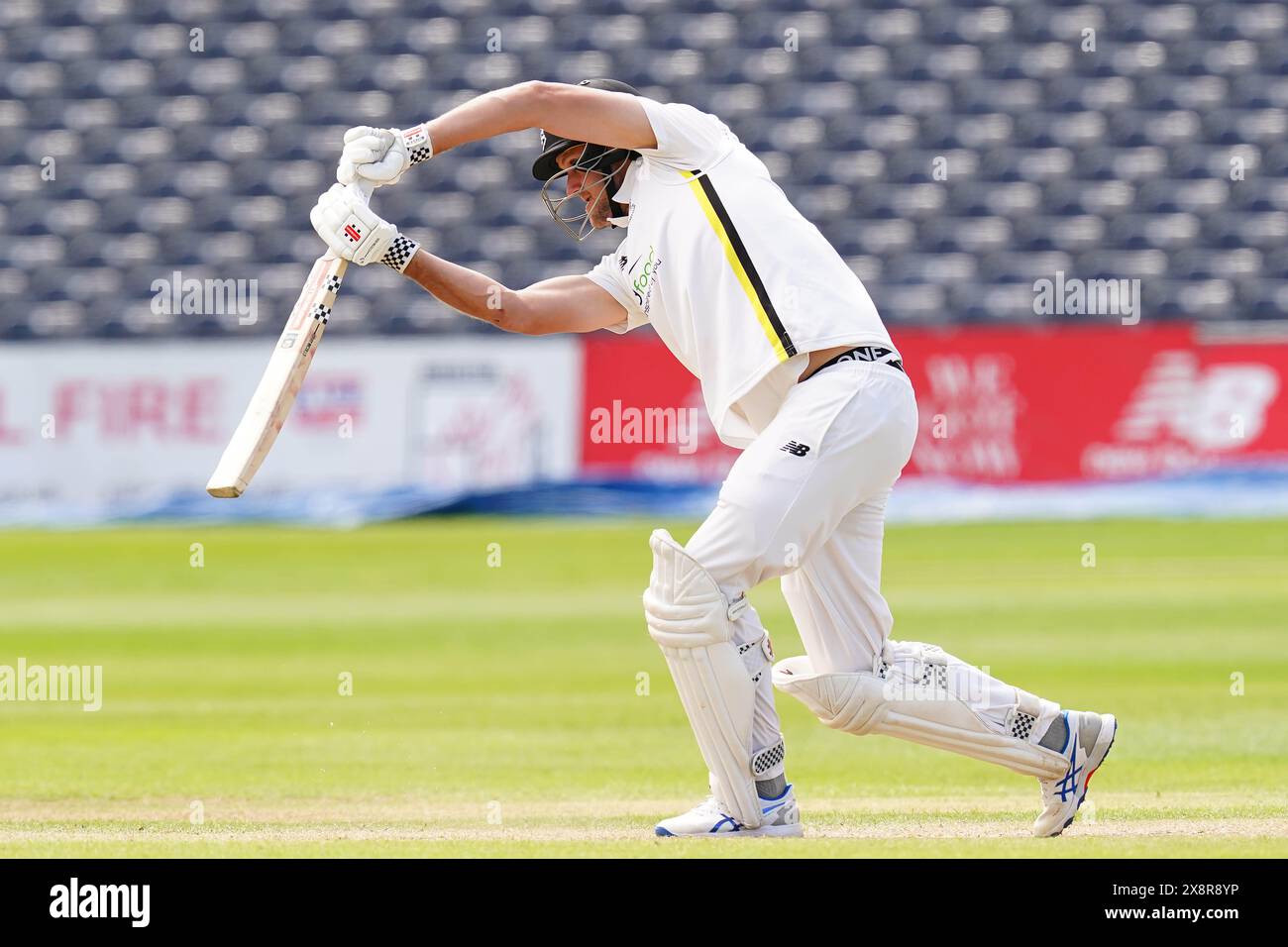 Bristol, UK, 27 May 2024. Gloucestershire's Beau Webster batting during the Vitality County Championship match between Gloucestershire and Derbyshire. Credit: Robbie Stephenson/Gloucestershire Cricket/Alamy Live News Stock Photo