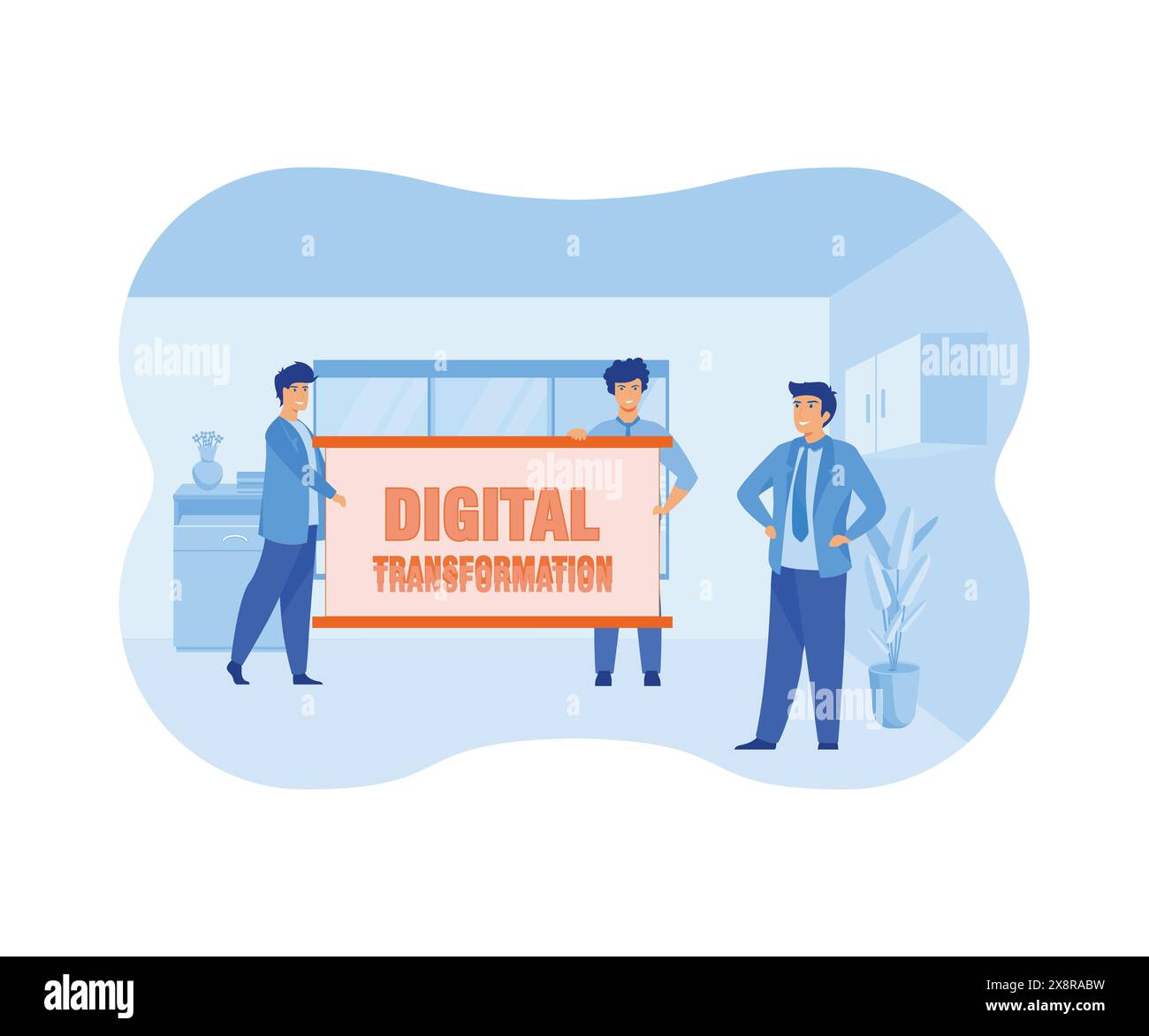 A company staffs showing the boss the future direction of the company. Digital Transformation on white board cards. Portray a concept of innovative fu Stock Vector