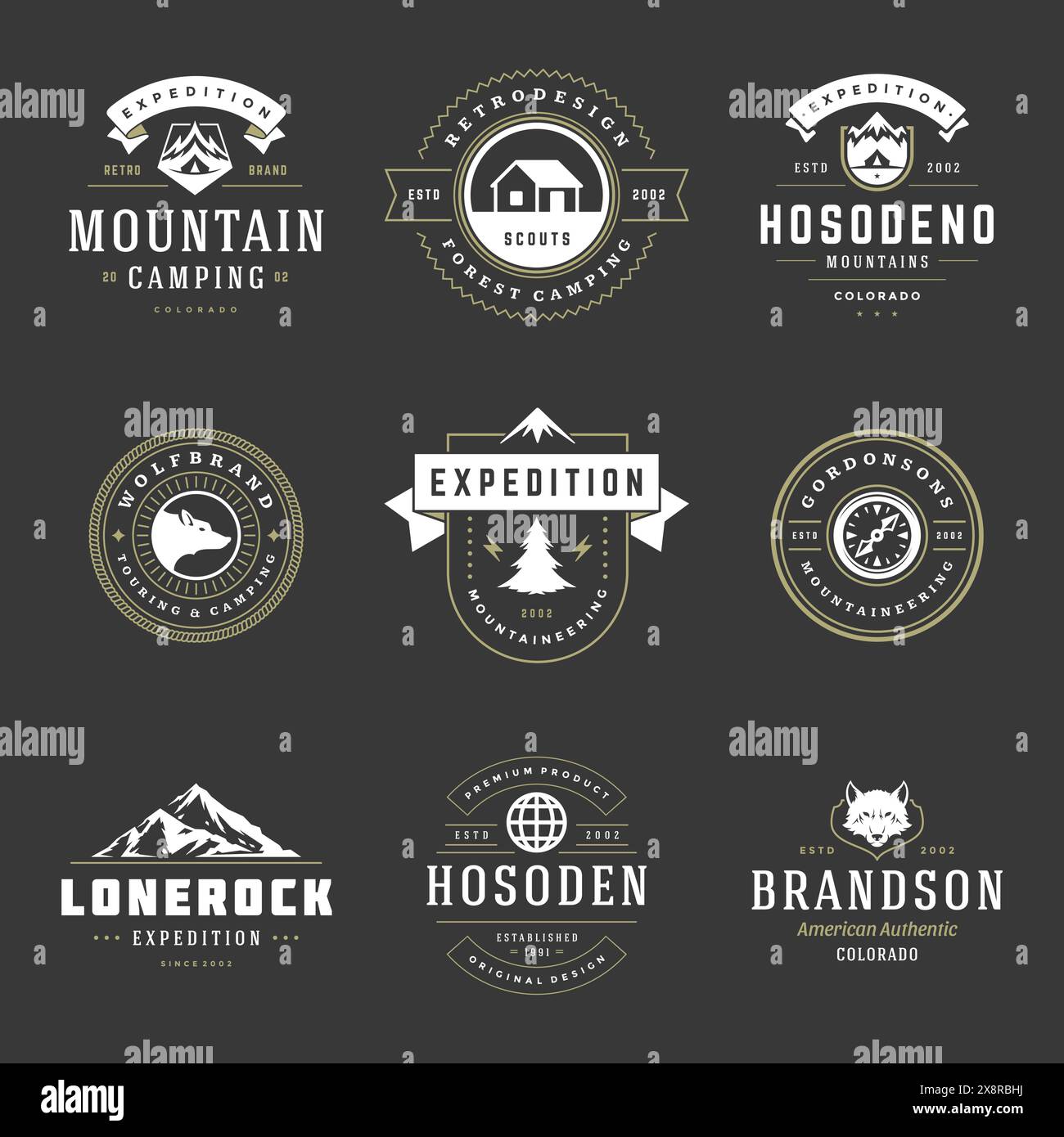 Camping logos templates vector design elements and silhouettes set ...