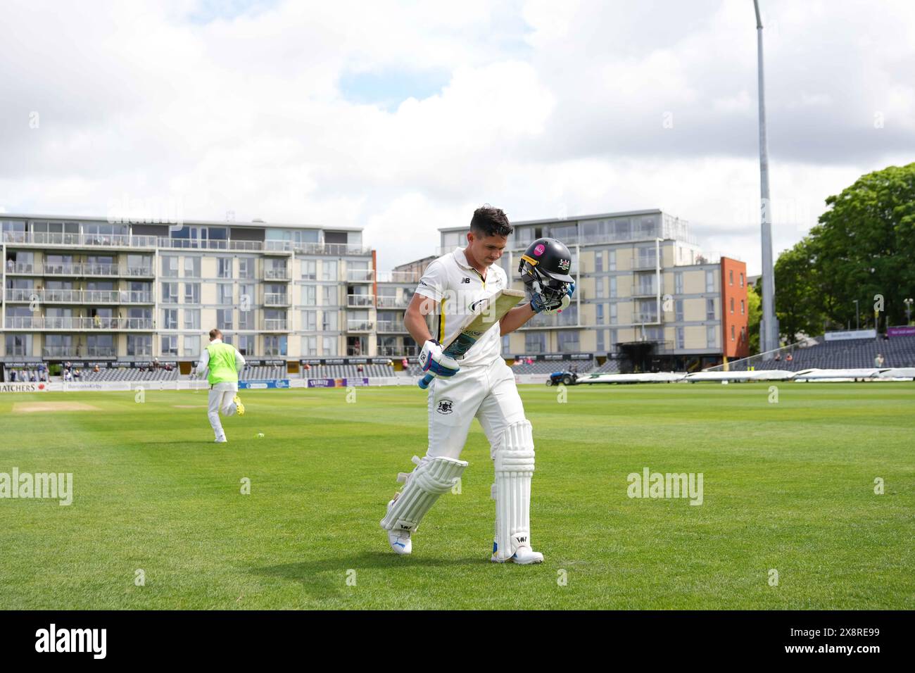 Bristol, UK, 27 May 2024. Gloucestershire's Graeme van Buuren walks off the field after hitting 187 during the Vitality County Championship match between Gloucestershire and Derbyshire. Credit: Robbie Stephenson/Gloucestershire Cricket/Alamy Live News Stock Photo