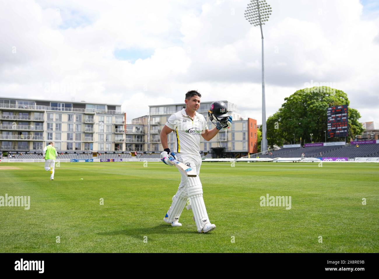 Bristol, UK, 27 May 2024. Gloucestershire's Graeme van Buuren walks off the field after hitting 187 during the Vitality County Championship match between Gloucestershire and Derbyshire. Credit: Robbie Stephenson/Gloucestershire Cricket/Alamy Live News Stock Photo