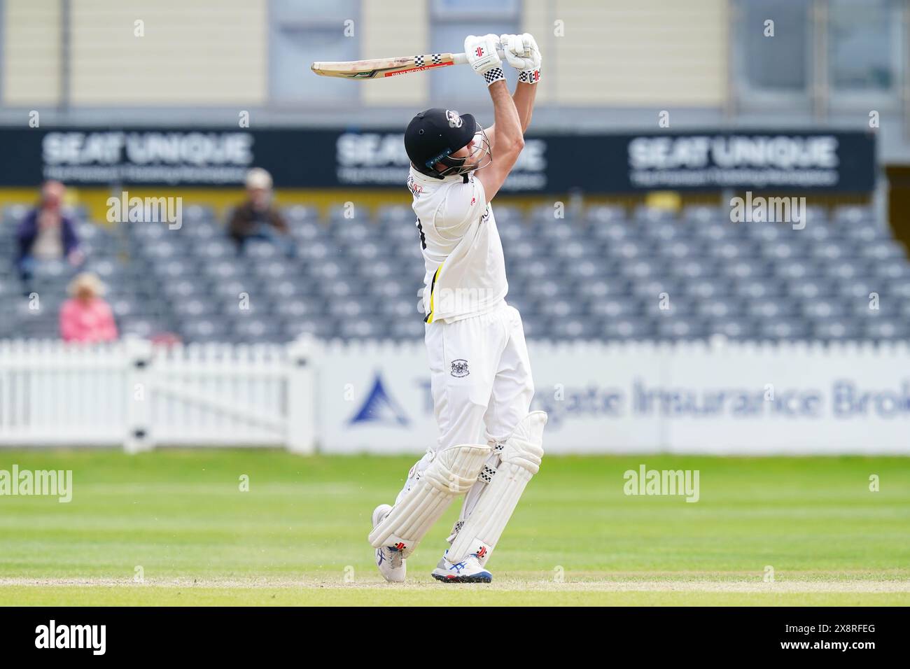 Bristol, UK, 27 May 2024. Gloucestershire's Beau Webster batting during the Vitality County Championship match between Gloucestershire and Derbyshire. Credit: Robbie Stephenson/Gloucestershire Cricket/Alamy Live News Stock Photo