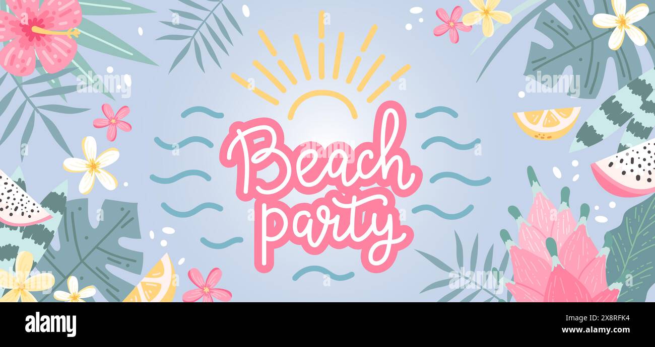 Beach party summer lettering, background with flowers and leaves. Hand ...
