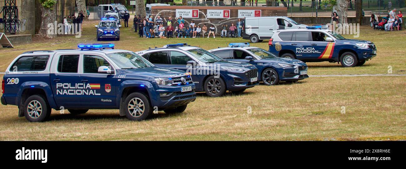 Vigo, Pontevedra, Spain; May,26,2024; exhibition of patrol cars of the National Police in the Castrelos Park in Vigo. Different types of police cars w Stock Photo