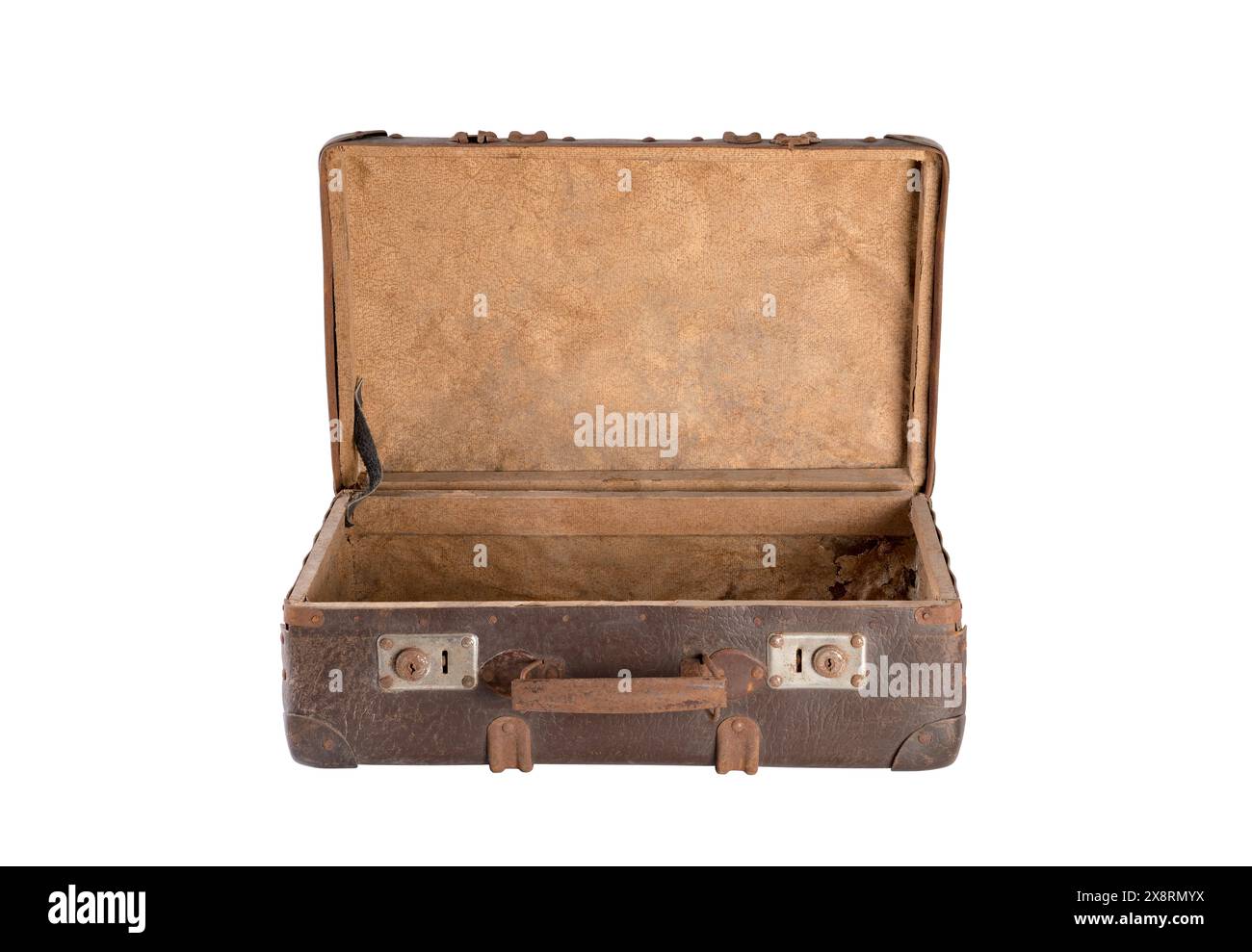 Old open brown worn out empty suitcase isolated on white background with clipping path Stock Photo