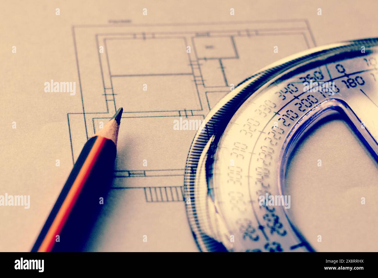 Architect workplace top view. Architectural project, blueprints and Engineering tools. Construction concept. Engineering tools. Copy space. Stock Photo
