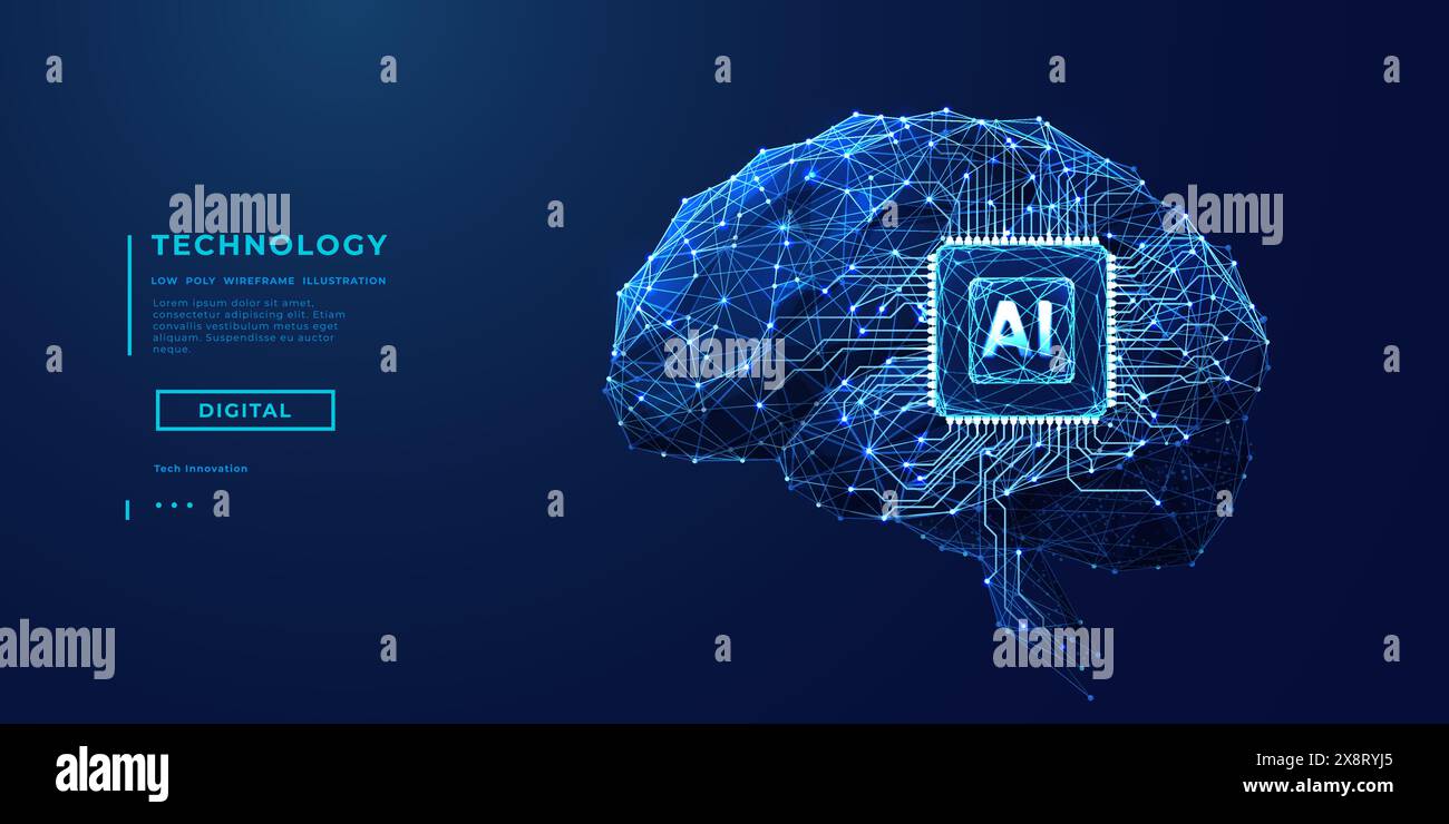 Abstract digital brain with AI chip and circuit in blue. Technology bg ...