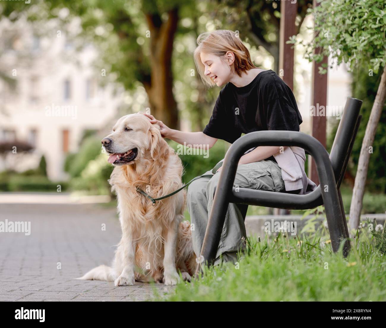 Summer Finds Girl With Golden Retriever Sitting On Bench Stock Photo ...