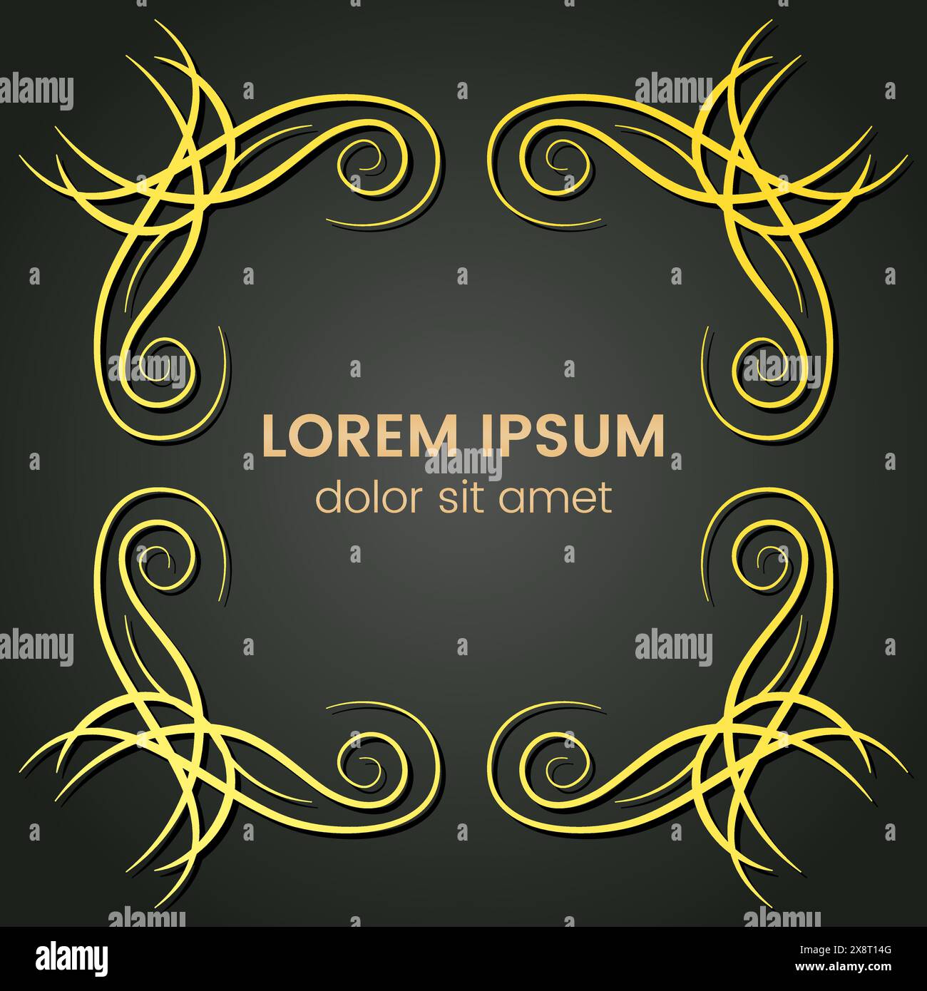 A square golden monogram element on a dark background. Vector illustration. Stock Vector
