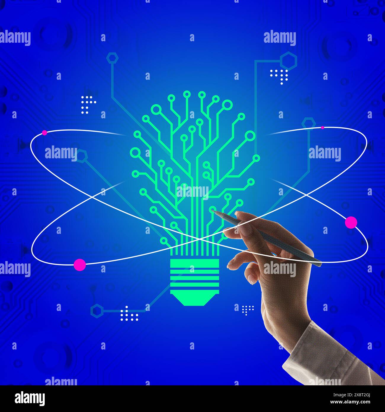 Contemporary art collage. Hand painting light bulb as circuit board ...