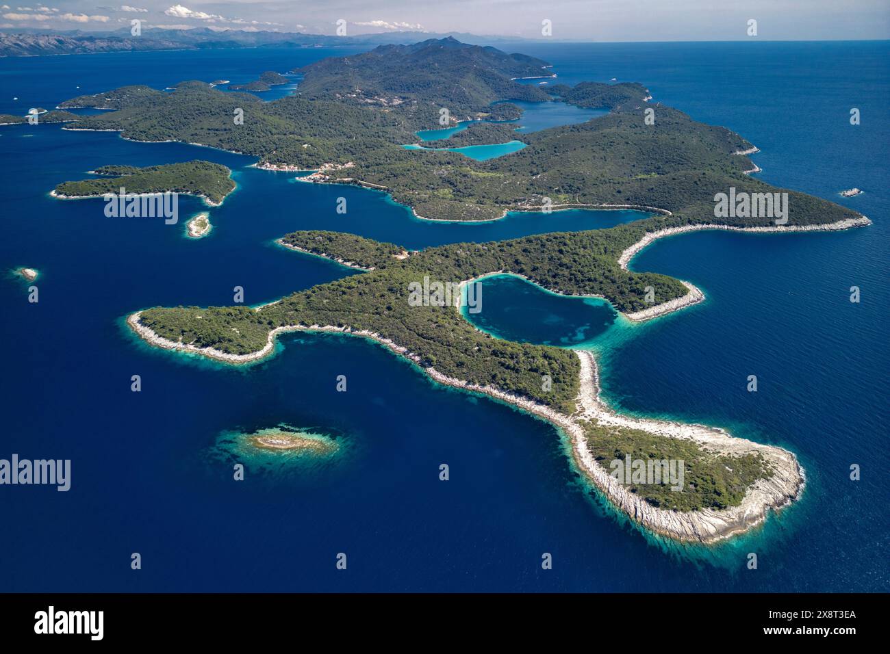 Aerial view of Mljet National Park and the Adriatic Sea (Mljet Island, Dubrovnik-Neretva County, Croatia, Europe). Mediterranean coast. Stock Photo