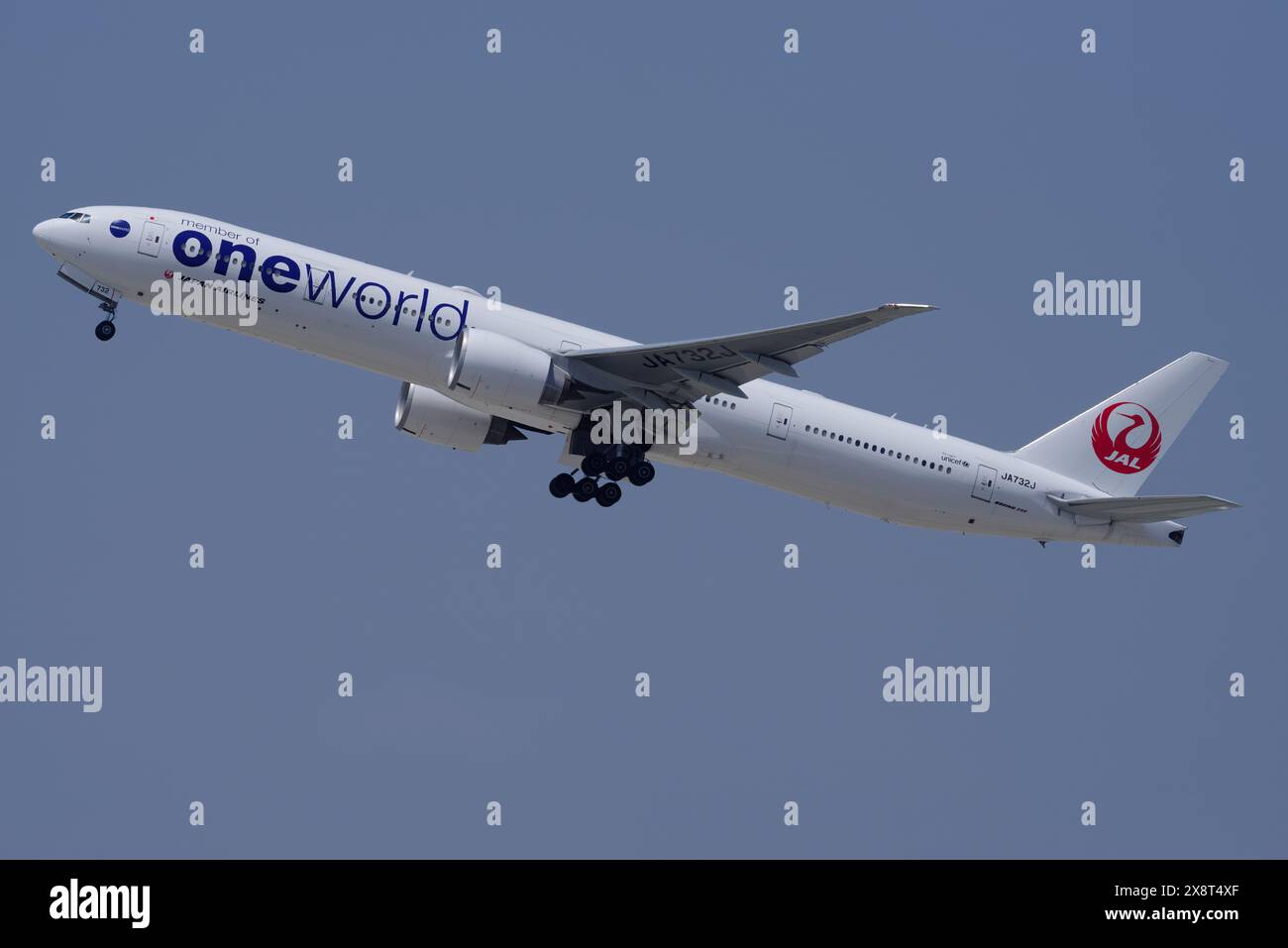 Japan Airlines Boeing 777 with registration JA732J shown taking off from LAX, Los Angeles International Airport. Stock Photo