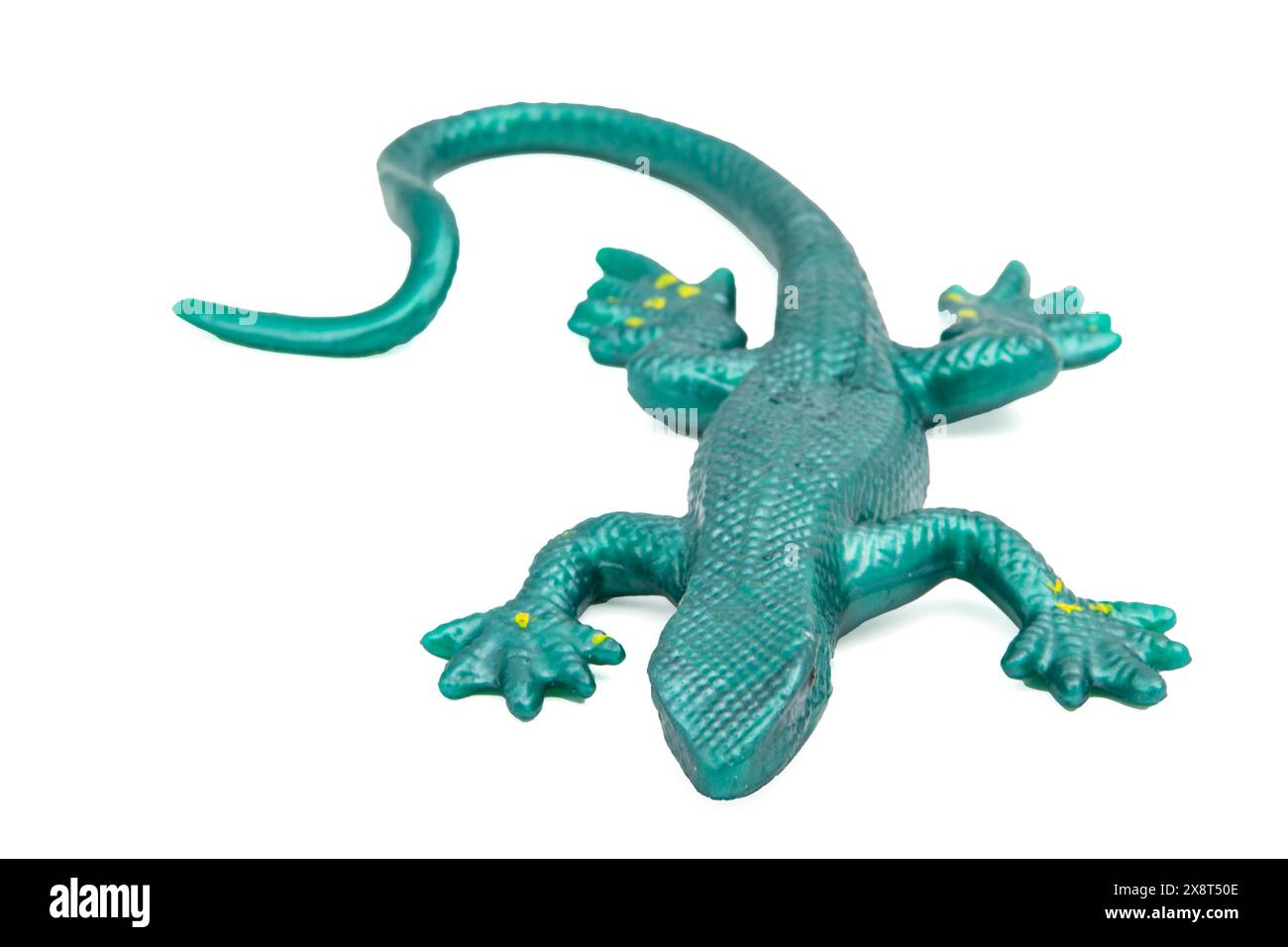 Green rubber toy lizard on white background. Stretchable toy. Anti-stress. Horizontal photo. For text. Stock Photo